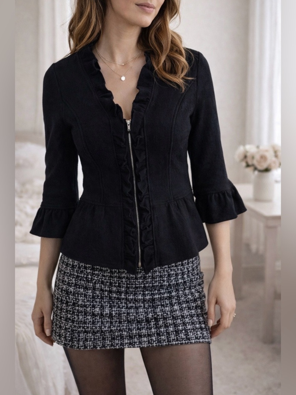 Black‎ Ruffle Trim Fitted Jacket Top Rayon Wool Blend Romantic Chic S